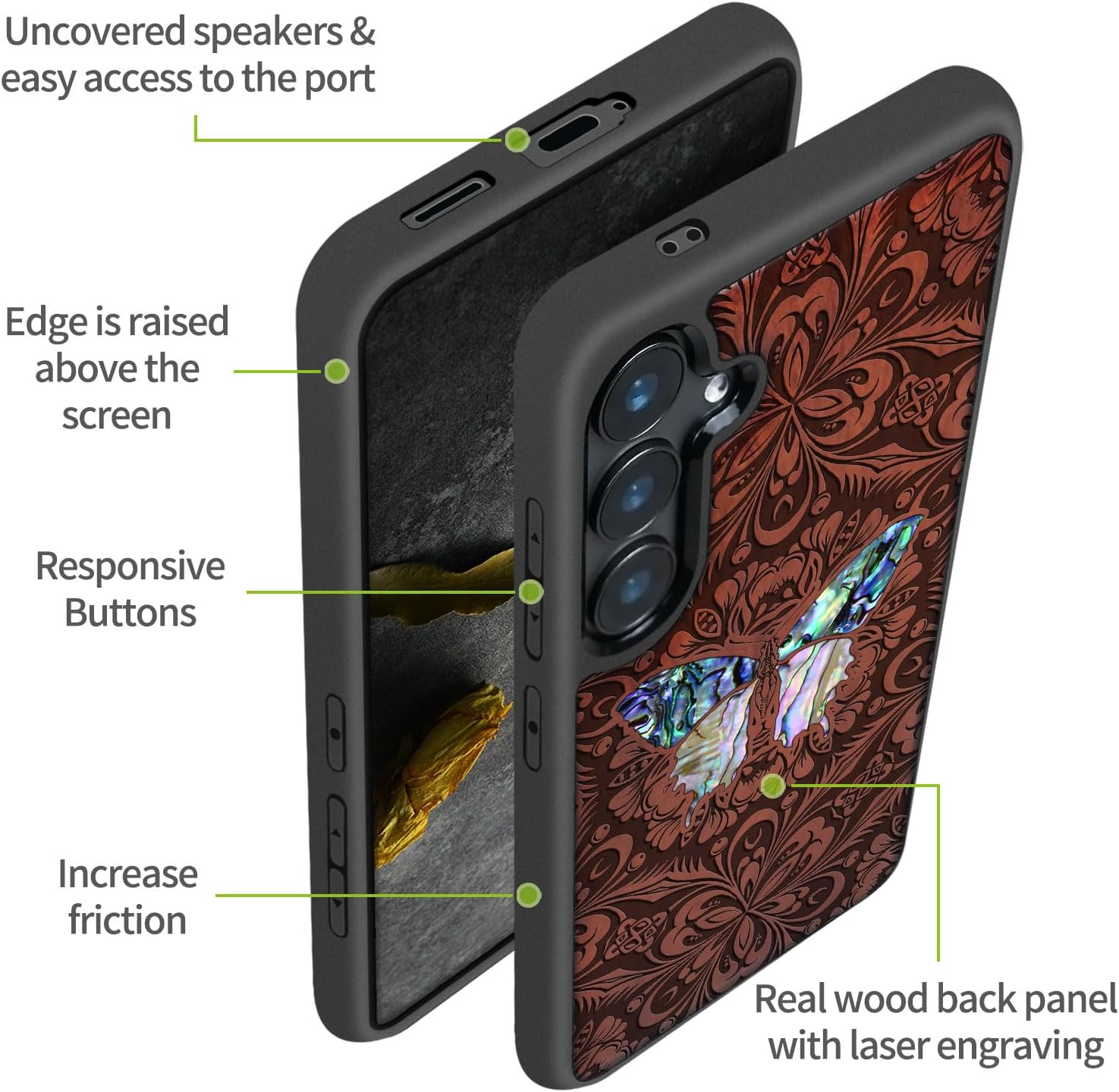 Carveit Designer Wooden Case for Samsung Galaxy S24 Plus [Wood Engraving & Shell Inlay] Compatible with Wireless Chargers S24 Plus Cover (Baroque Butterfly-Rosy)