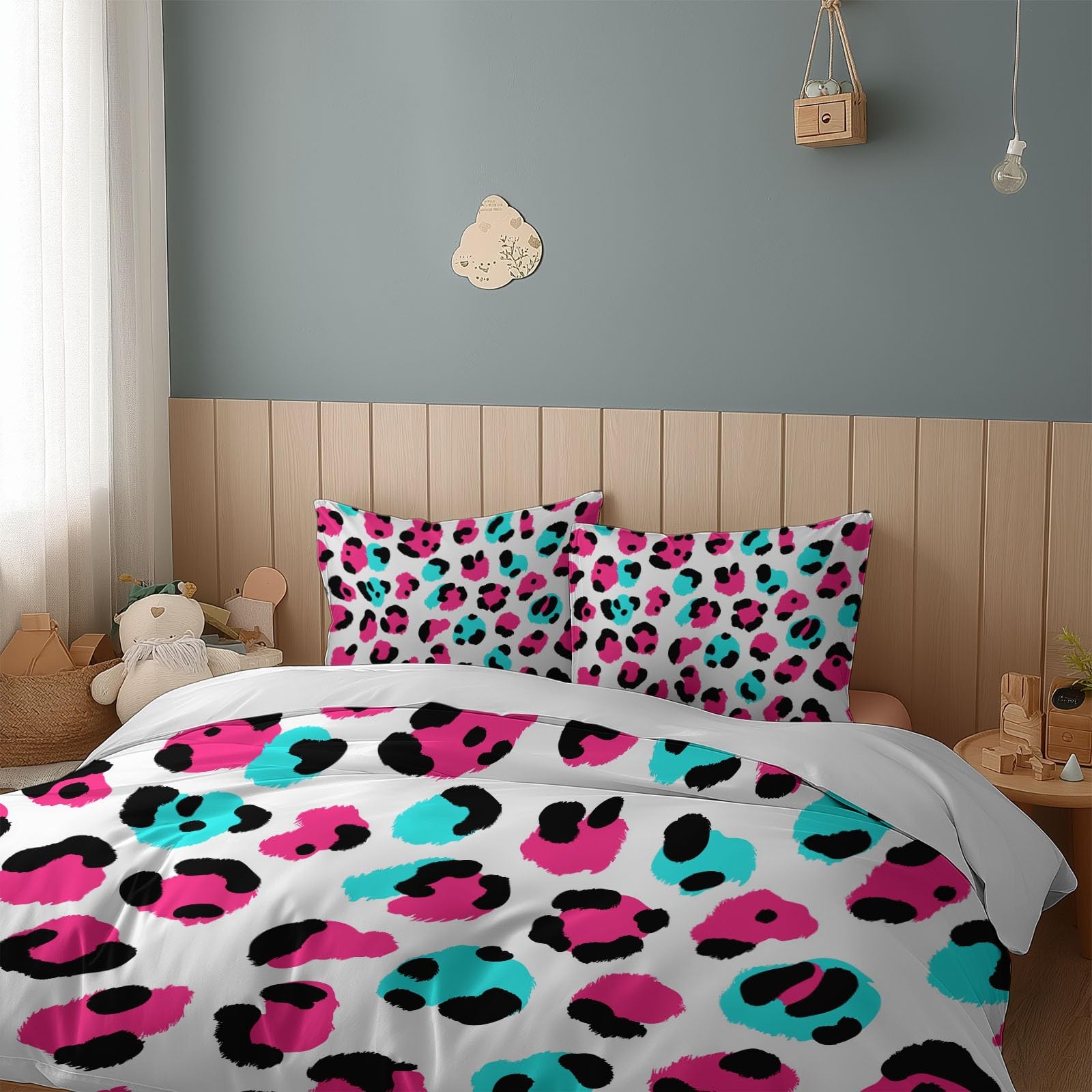 Poszwa na kołdrę 240 x 220 cm Minimalistyczny różowy nadruk w panterkę Biały zestaw pościeli, 3-częściowy z zamkiem błyskawicznym - 2-osobowa pościel dla dorosłych z 2 poszewkami na poduszki