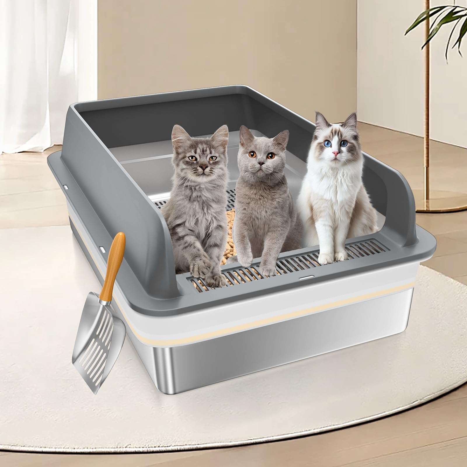 XXXL Stainless Steel Sifting Litter Box with Lid, 28'' L &times; 20'' W Extra Large Sifting Cat Litter Box for Pine Pellets & Big Cats & Multiple Cats, Metal Pellet Sifter Litter Pan System for Odor Control - image 6