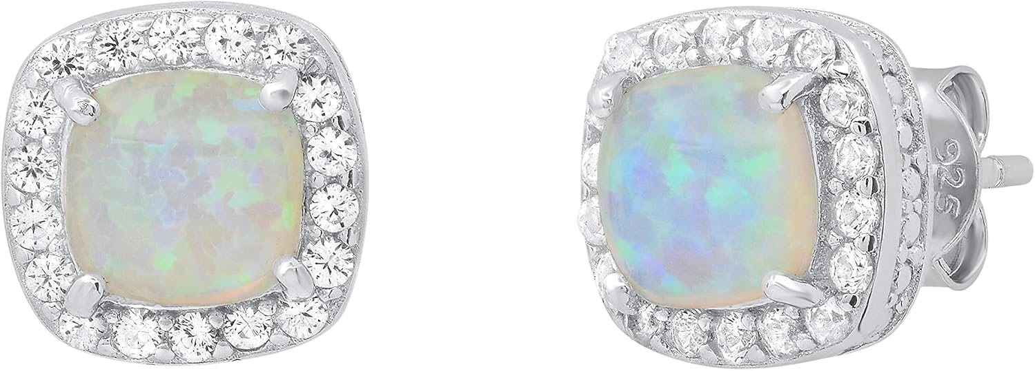 Dazzlingrock Collection 6 mm Cushion Lab Created Opal & Round White Sapphire Halo Style Push Back Stud Earrings for Her; 925 Sterling Silver