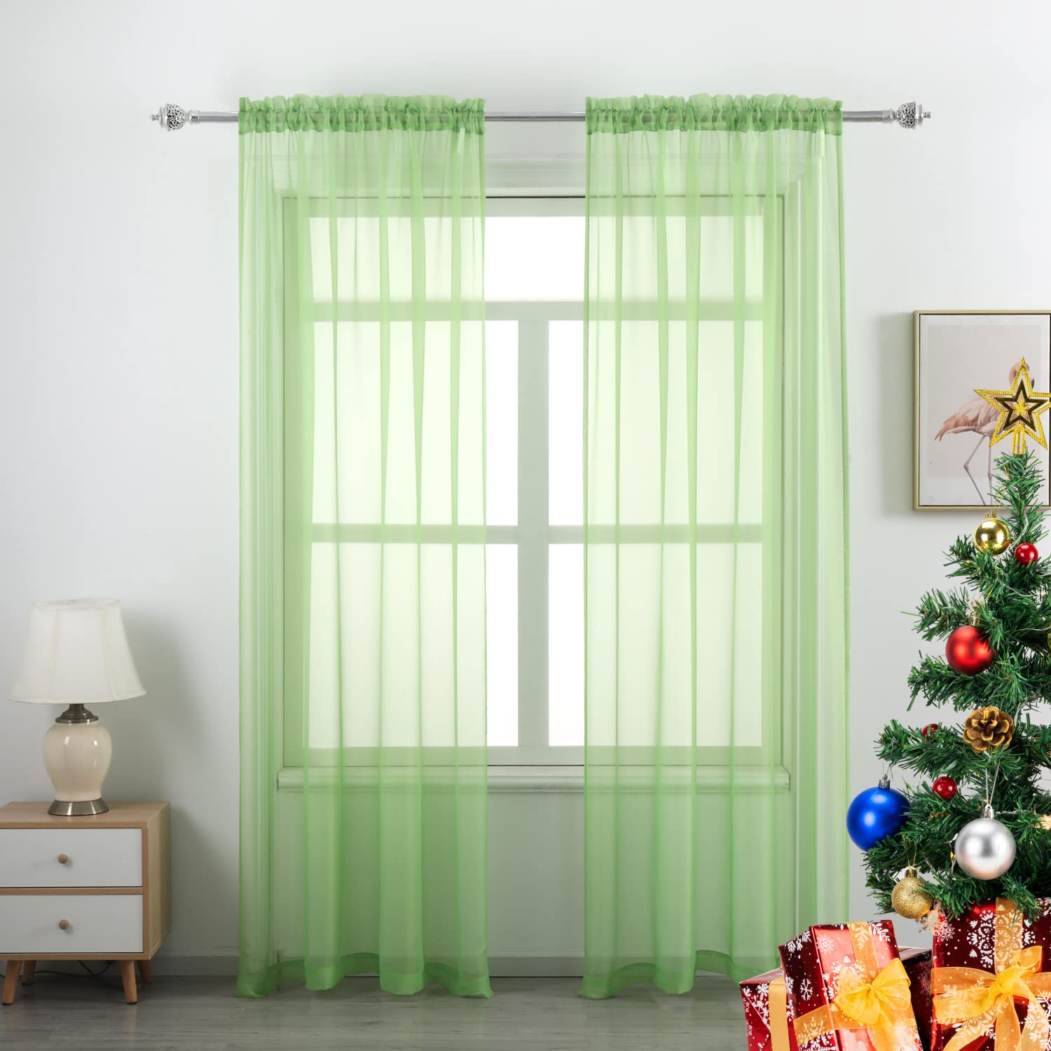 GYROHOME Basic Rod Pocket Sheer Voile Curtain, Sunlight Filtering Protect Privacy Polyester Sheer for Living Room Bedroom Patio Door Set of 2Panels,Green,132x160cm