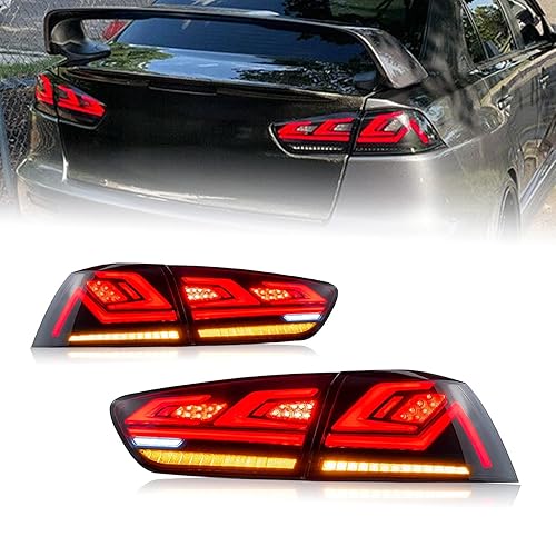 HCMOTIONZ Tail Lights Assembly for Mitsubishi Lancer EVO X 2008-2020，Rear Light Start Up Animation Updated Tail Lamp with Sequential Turn Signal Reverse Brake Lamps