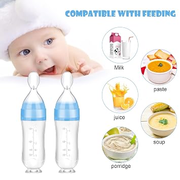 Nuanchu Baby Spoons 2 Pack Silicone Baby Food Feeder 3 oz Squeeze Feeding Spoon Toddler Dispensing Feeder Suction Cup Design Travel Friendly for Kids Toddlers Boys Girls(Blue)