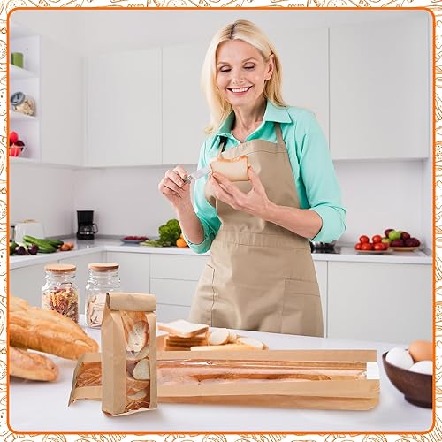 Miniatura 6 de Thenshop 200 bolsas de pan de papel con ventana para bolsas de pan caseras, sacos de almacenamiento de pan kraft marrón largo para galletas