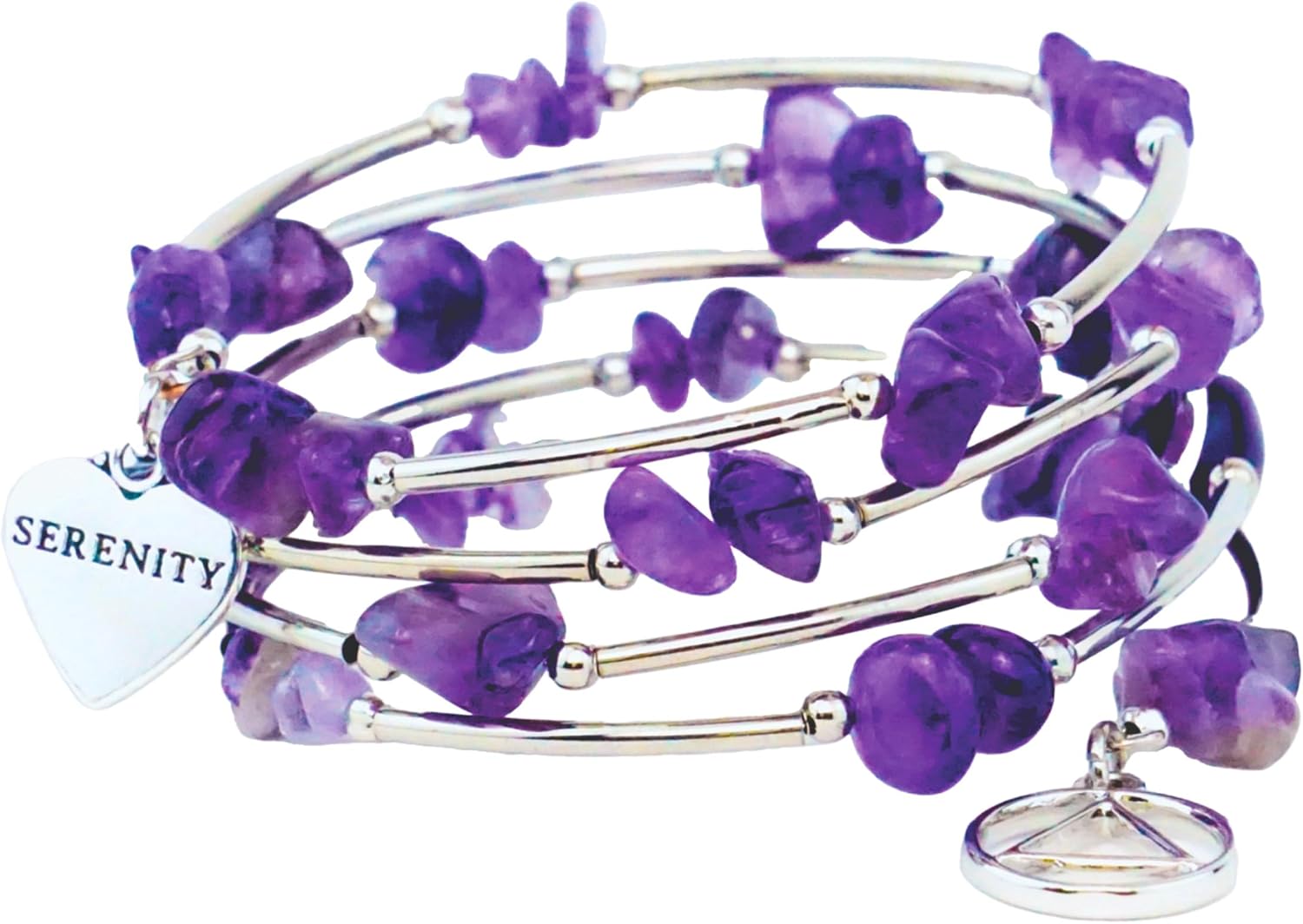 The Token Shop Amethyst AA Bracelet with Alcoholics Anonymous Circle Triangle Symbol and Serenity Heart Charm | Sobriety Gift for Women