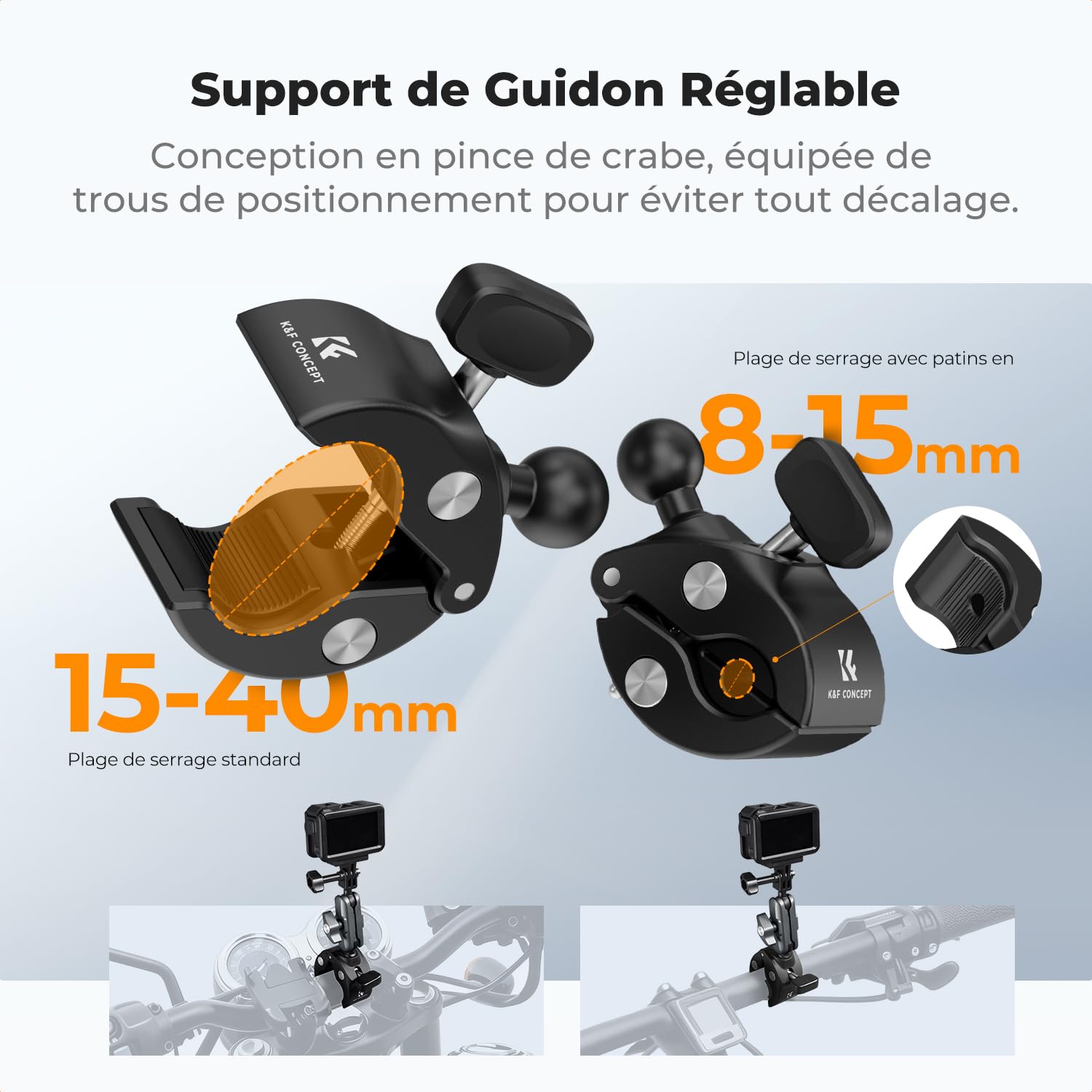 K&F CONCEPT Support Super Pinces pour Caméra avec Double Tête à Sphère 360°, Support pour Guidon de Vélo ou Moto, Compatible avec GoPro Hero 13/12, Insta360 X5/X4, Osmo Action 5, Pocket 3