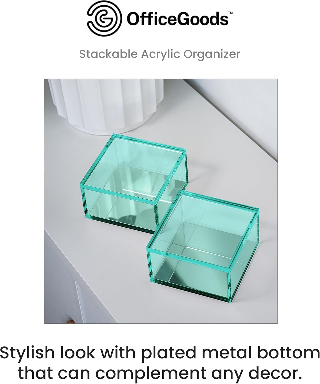 OfficeGoods 3-Tier Stackable Acrylic Holder- Stylish Desk Organizer and Storage for Office or Home – Transparent Square Design, Green with Silver Metal Base Square Green image 2 of 7 B0B682ZGR4
