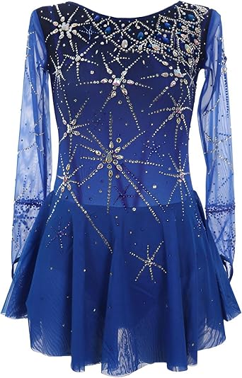Womens Long Sleeves Figure Skating Dress, Girls Rhinestone Elasticity Ice Skating Dress for Competitions