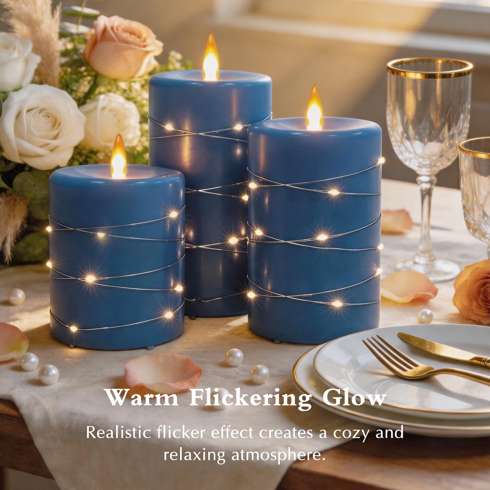 Candele LED Ricaricabili, Set da 3 con Luci a Filo Integrate, Blu | Vera Cera, Senza Fiamma, Telecomando, Timer 2/4/6/8 Ore, Effetto Fiamma Danzante, Luce Tremolante, per Casa e Matrimonio