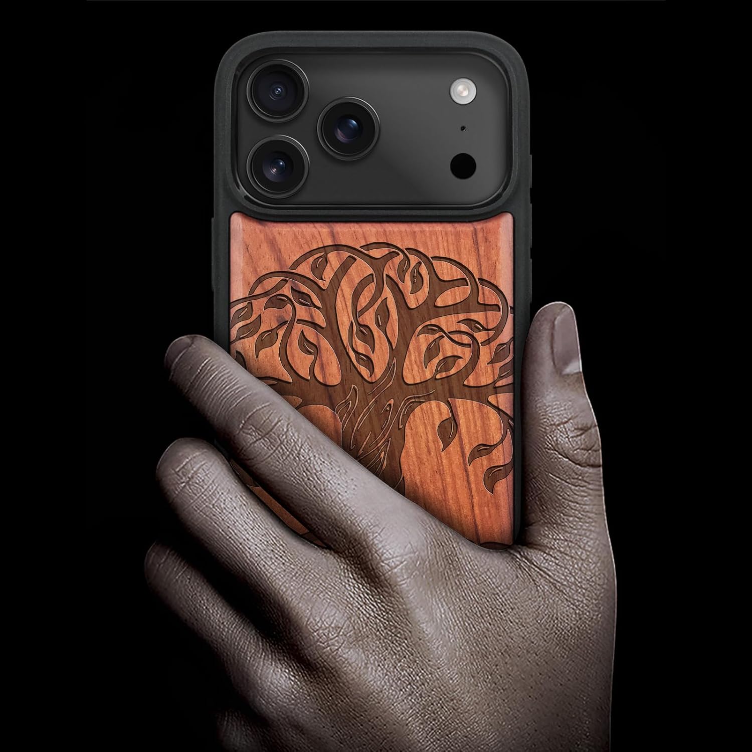 Carveit Magnetic Wooden Case for iPhone 17 Pro Max Case, Wood Artisan Engraved & Black Soft TPU Shockproof Cover, Compatible with MagSafe Wireless Chargers (The Celtic Tree of Life) Rosy