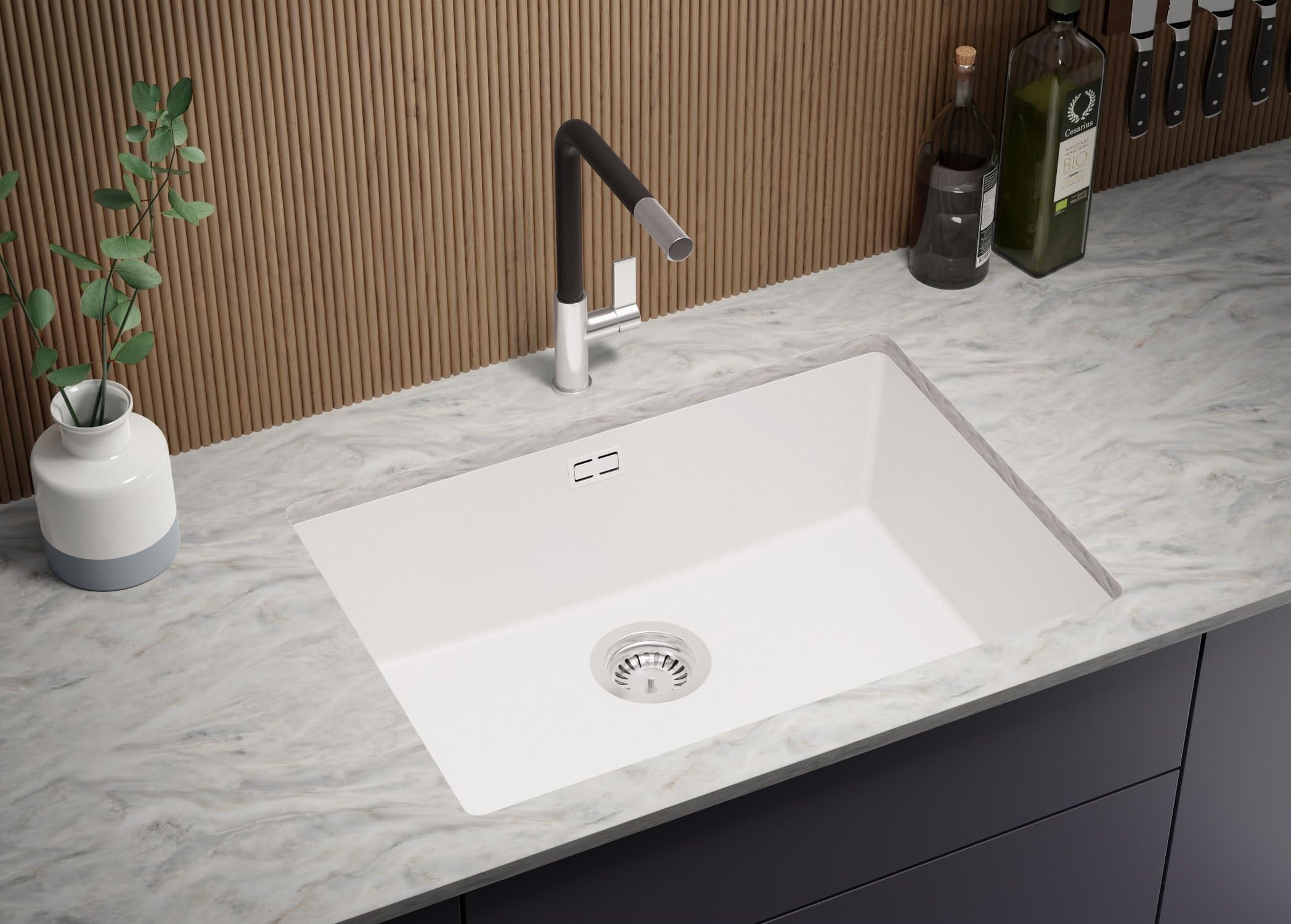 PRIMAGRAN Fregadero bajo Encimera Blanco - London, 66x47cm | Cocina 1 Seno + Sifón, Granito al Mueble 70cm (S388)