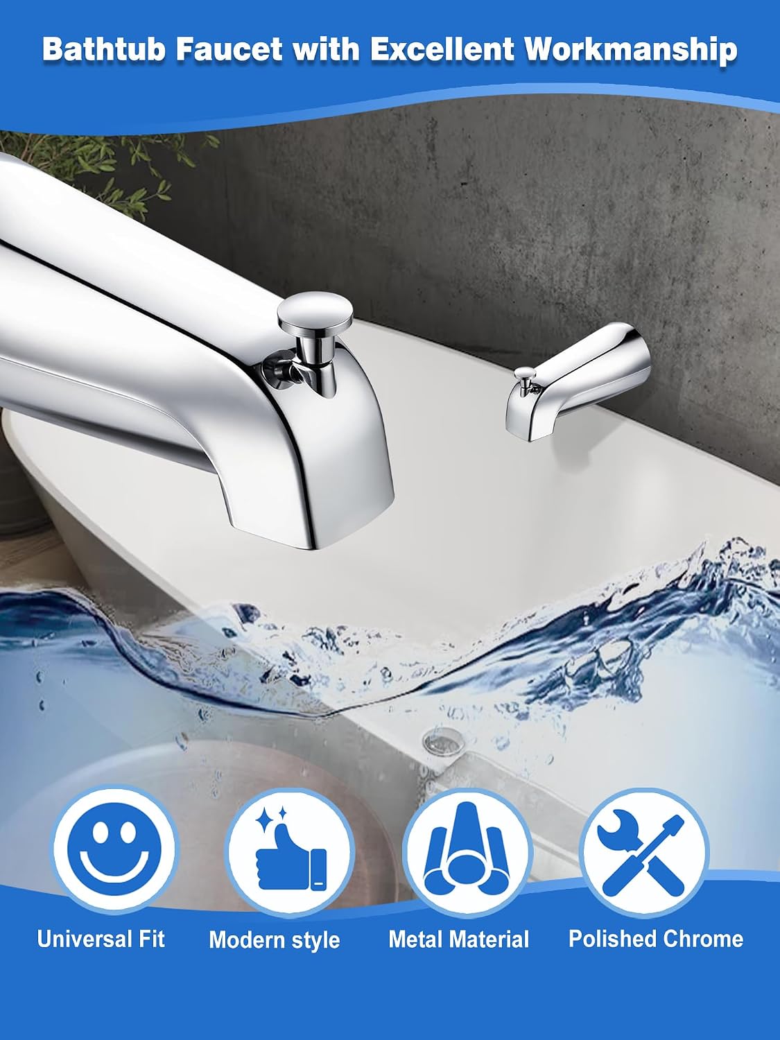 Pull-Up Tub Spout with Diverter, Universal Bathtub Spout Fits 1/2" Copper Water Tube (5/8" Dia), Slide-in Bath Tub Faucet with Hex Wrench for Easy Installation, Metal, Silver