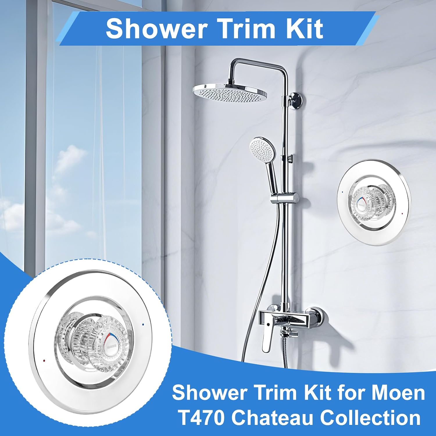 Shower Trim Kit, Compatible with Moen T470 Chateau Shower Trim Kit for 1225 Trim Kit, With Dual Seal Replacement Cartridge, Escutcheon, Shower handle, Tubes and Screws (Piloshed Chrome)