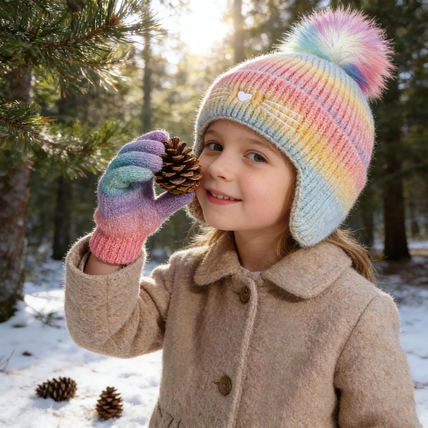 Girls Winter Hat and Gloves Set, Kids Cat Embroidered Knit Beanie with Earflaps Fleece Lined Pom Pom Ski Cap for 2-10Y - Image 4