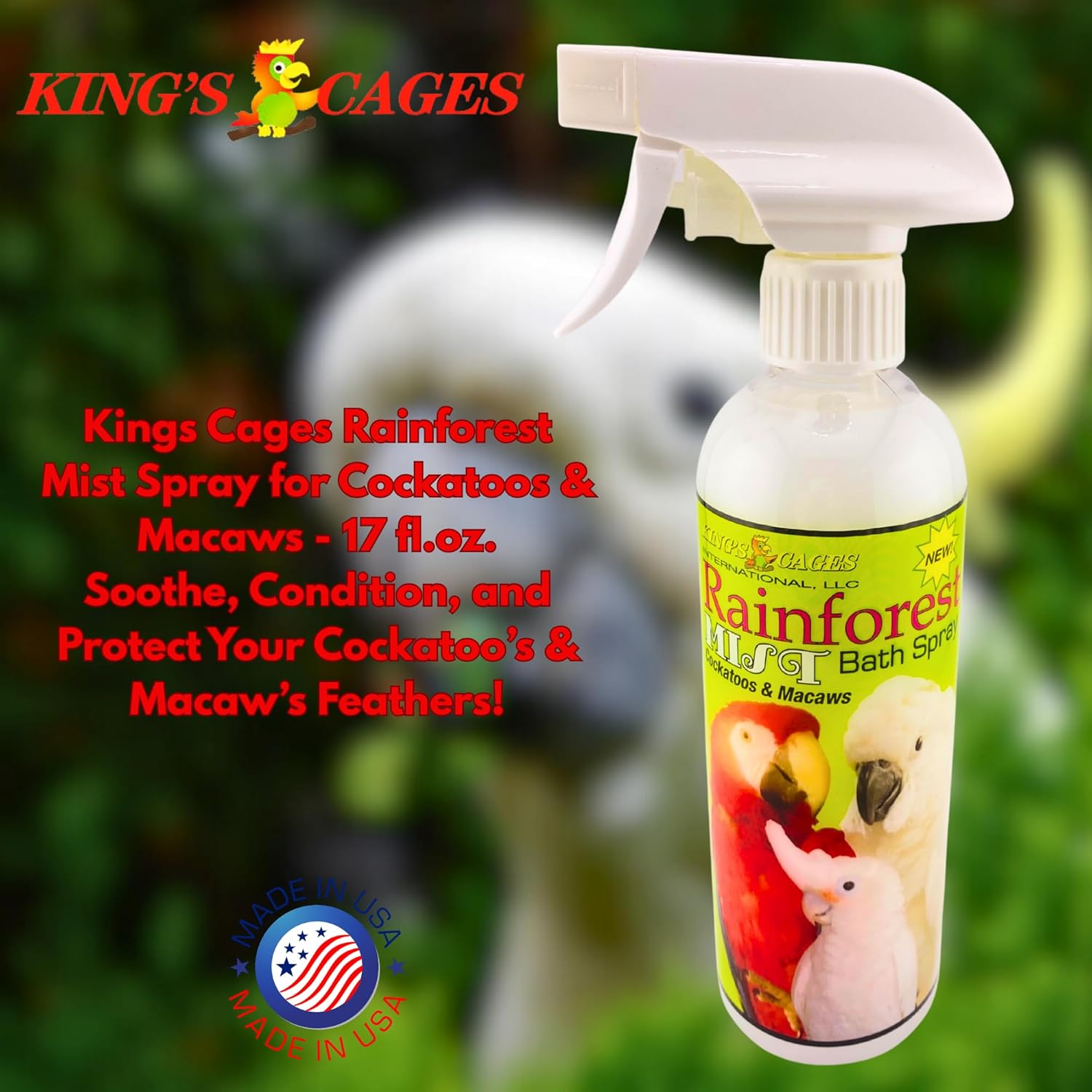 King's Cages Rainforest Mist 17oz White Spray Feather Conditioning Bath Mist with Vanilla Scent for Cockatoos and Macaws Parrots (Pack of 2)