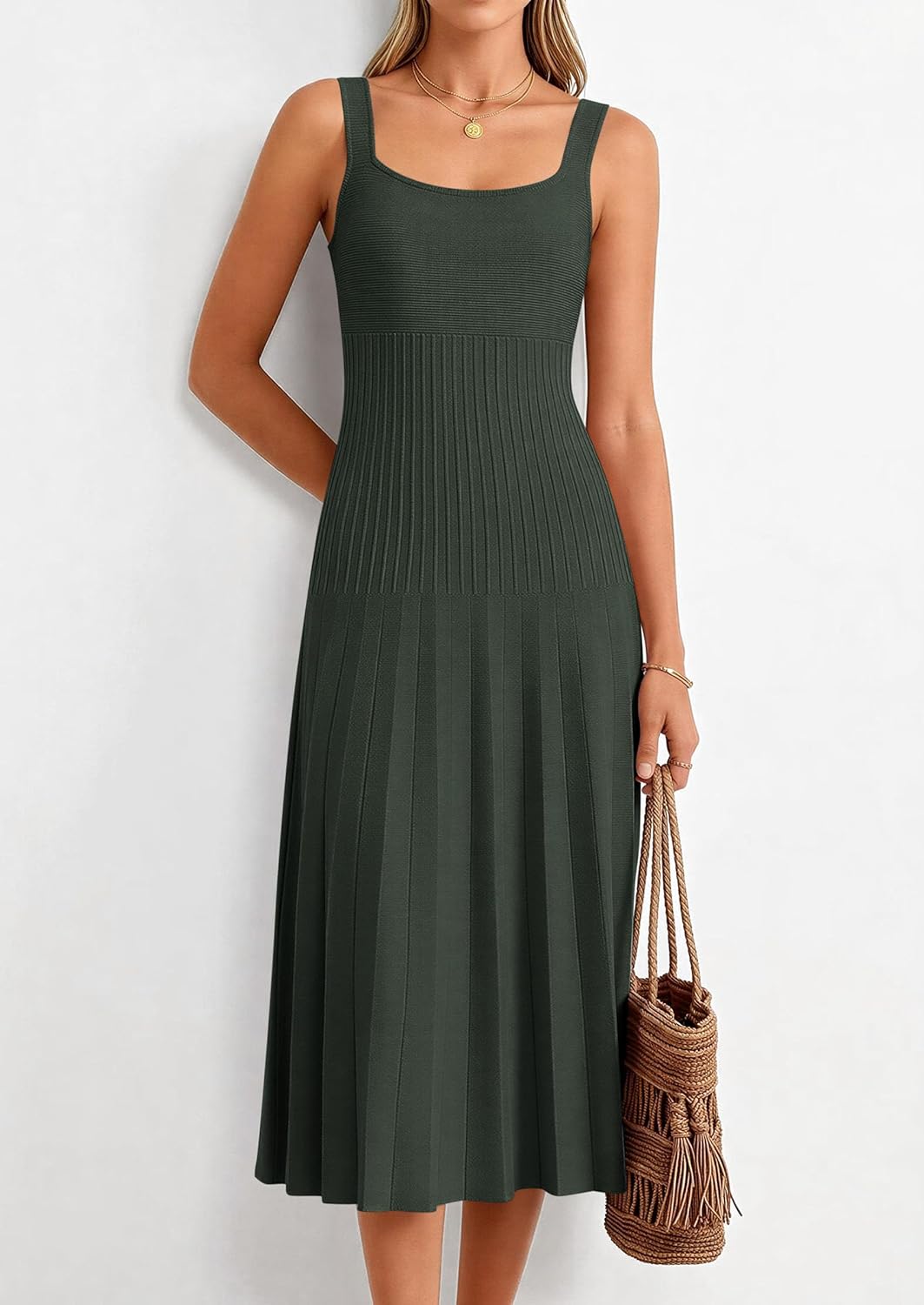 PRETTYGARDEN Spring Dresses for Women 2026 Summer Casual Sleeveless Square Neck A Line Knit Pleated Midi Cocktail Party Dress - Image 6