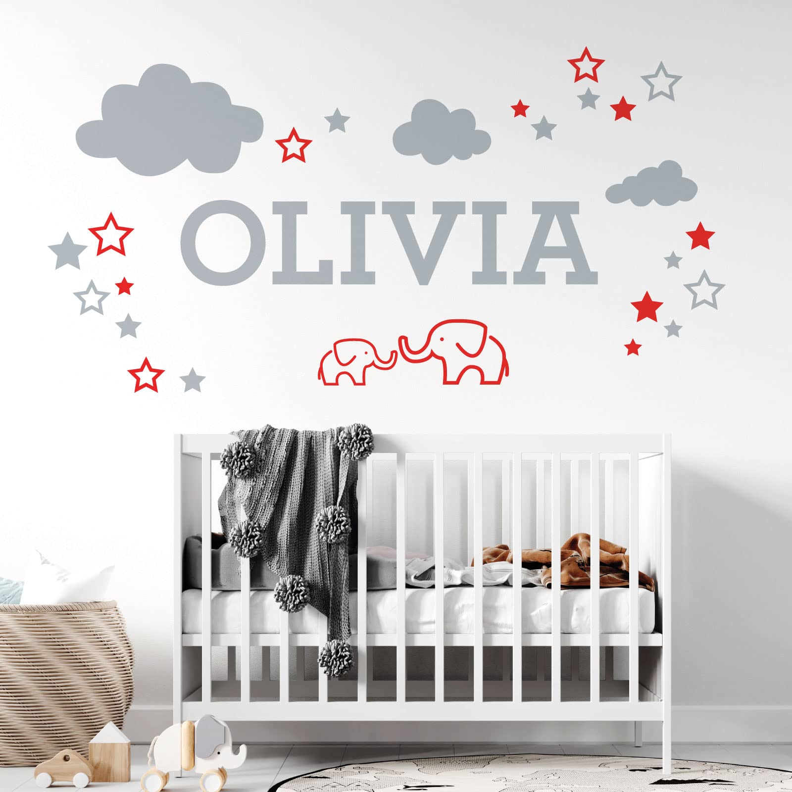 Elephants, Clouds & Stars - Personalised Name Nursery Wall Sticker [Medium] [Poppy]