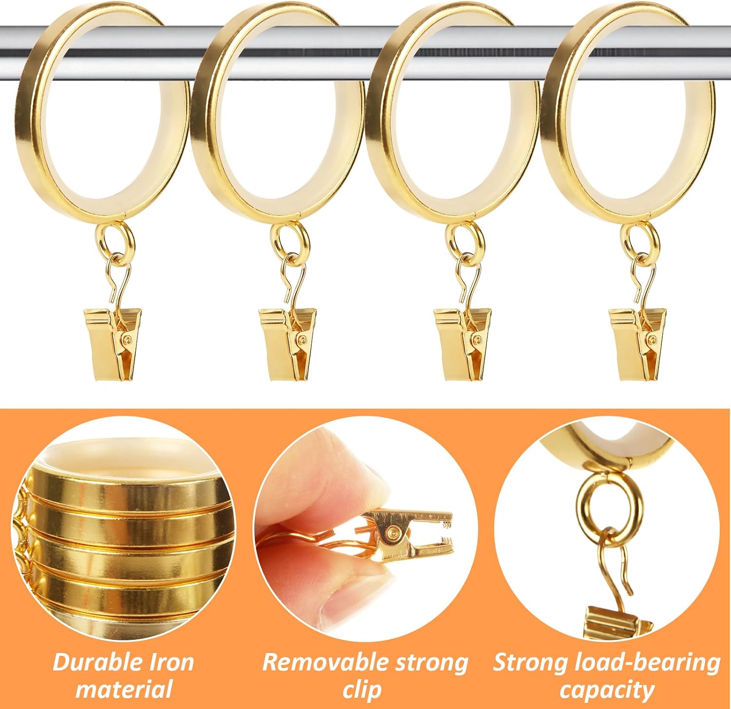 30 Pcs Curtain Rings, Gold Curtain Rings with Clips and Quiet, Smooth, Removable Insert, 2 Inch Diameter, 1.7 Inch Inside Diameter