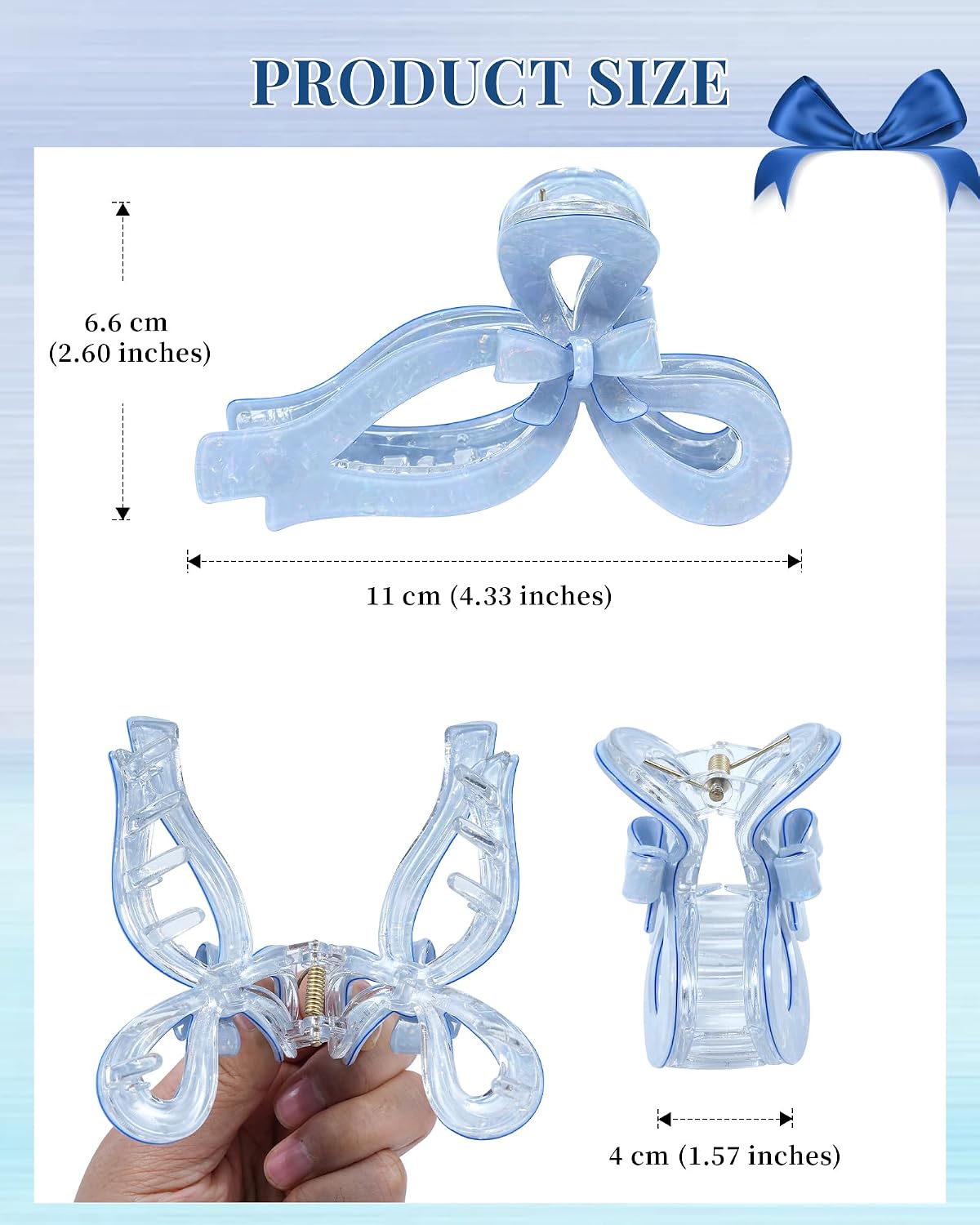 ACECHA 2 Pack Cute Bow Hair Claw Clips for Women - Double Hair Bows Clips for Thick Thin, Elegant Sparkly Wedding Party Hair Barrettes Accessories (White & Blue)