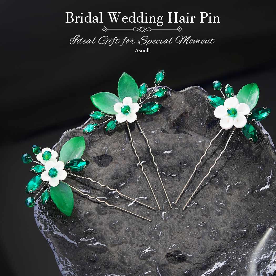 Asooll Bridal Wedding Rhinestone Hair Pins Emerald Green Hair Pieces Sparkly Crystal Hair Accessories for Women - Image 2