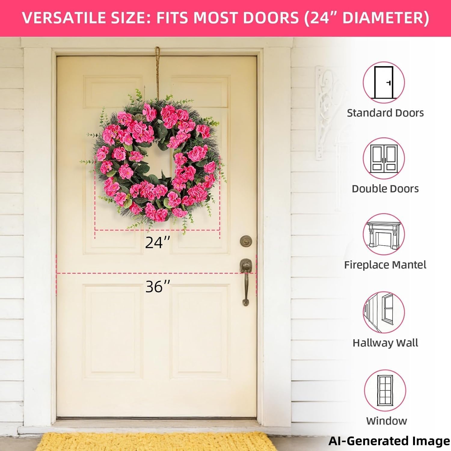 Rose Red Artificial Geranium Wreath, 22 Inch Spring Summer Wreaths for Front Door with Blessed Hanging Sign, for Rustic Farmhouse Entryway Porch Balcony Decor