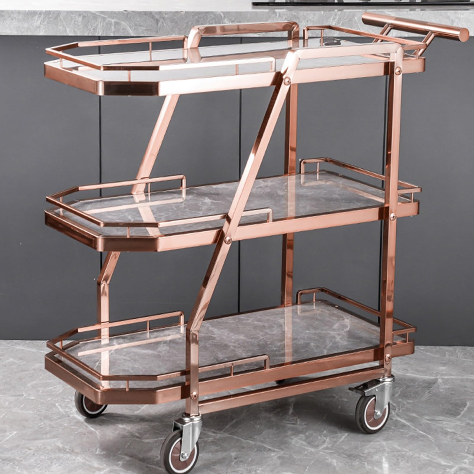 3 Tier Stainless Steel Rolling Serving Cart, Rock Panel Utility Trolley for Restaurant KTV Hotel Food Snack Drinks Transport(E)