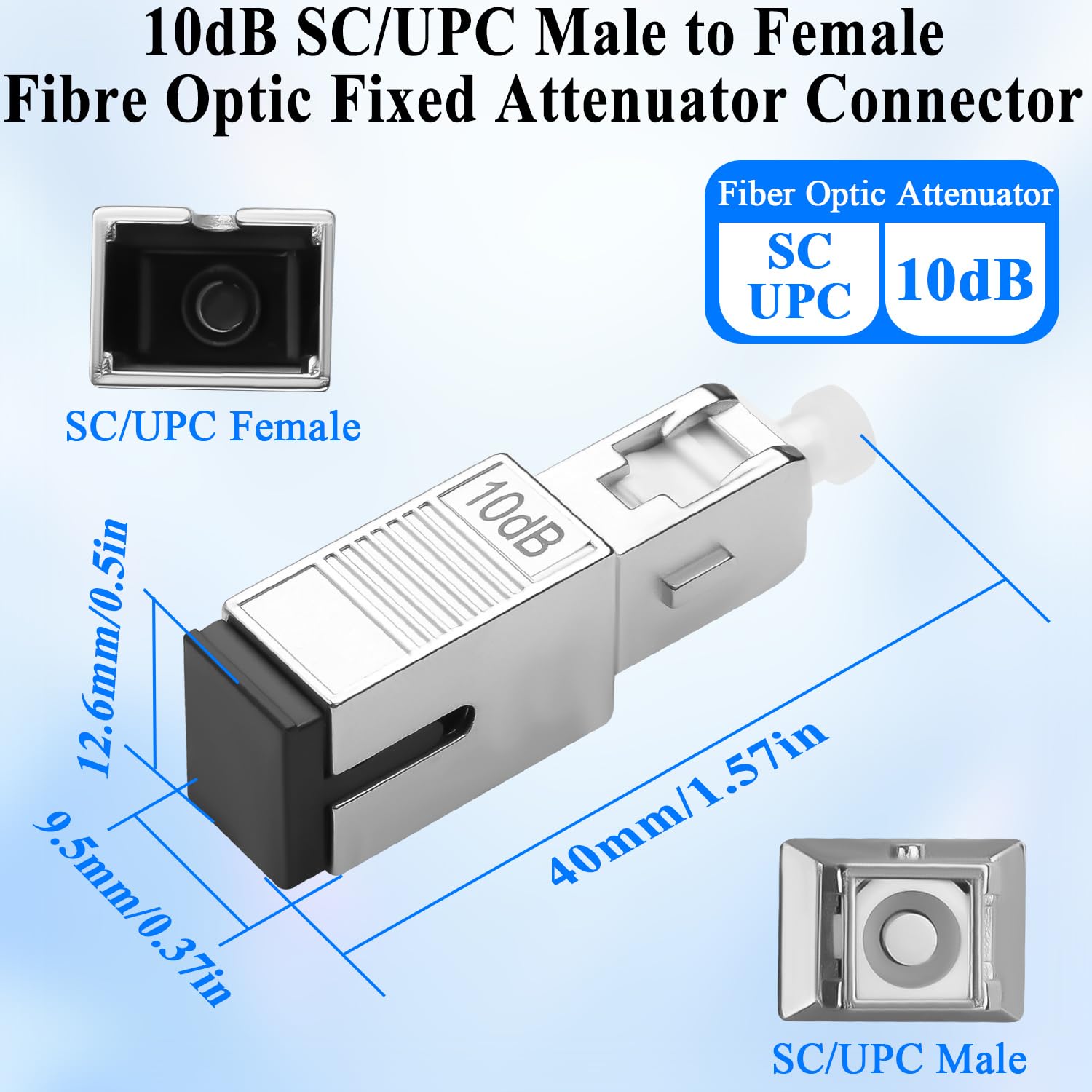 QIANRENON 10 dB SC/UPC Singlemode Fibra Ottica Attenuatore Fisso Adattatore SC Maschio a Femmina Fibra Ottica Fissa Attenuatore Valore Attenuatore 10dB ± 1, per FTTH CATV PON Fibre Network