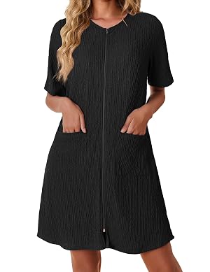 Ekouaer Women Zipper Robes Knit Short Bathrobe Lightweight House Coat with Pockets Soft Nightgown S-XXL