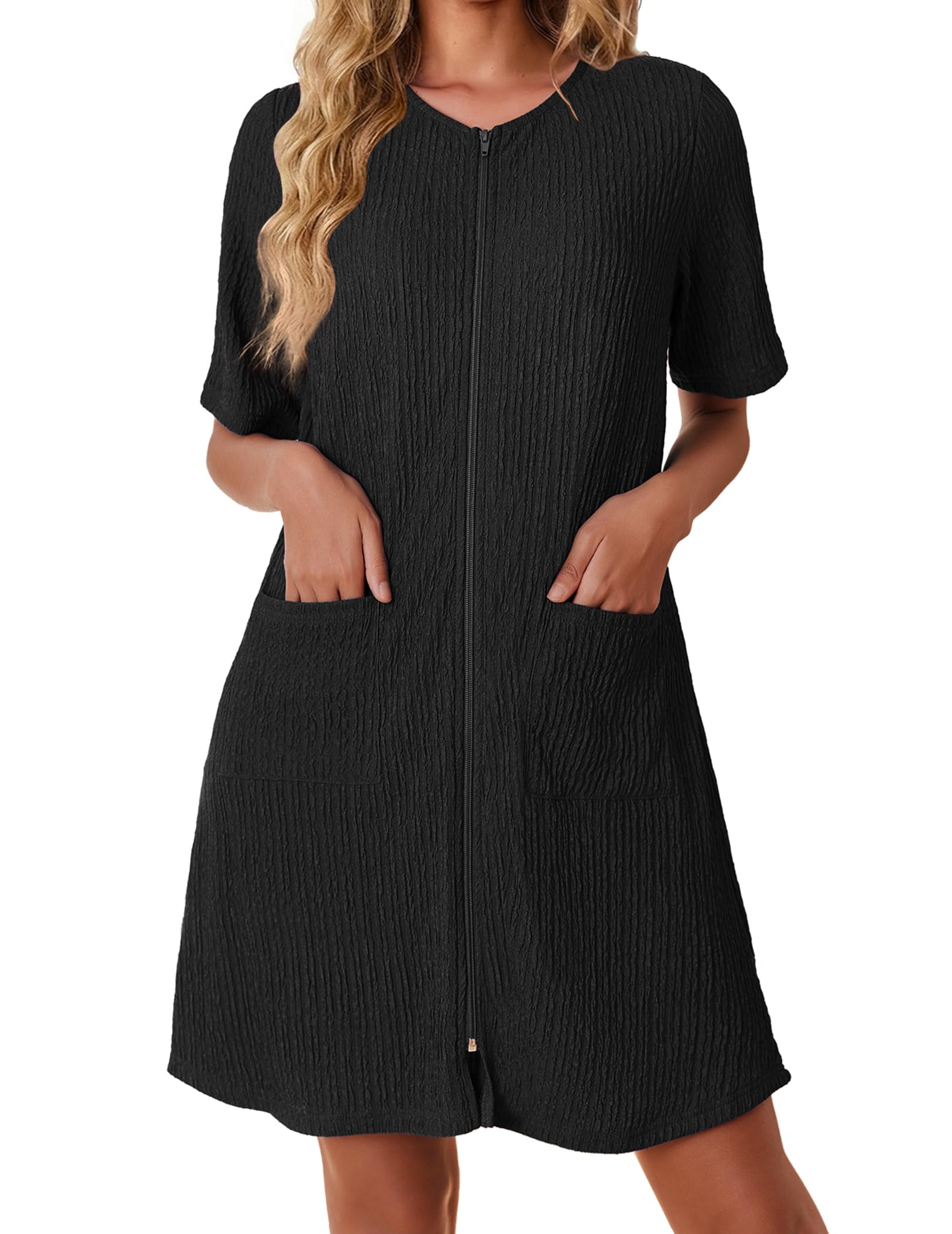 Ekouaer Women Zipper Robes Knit Short Bathrobe Lightweight House Coat with Pockets Soft Nightgown S-XXL