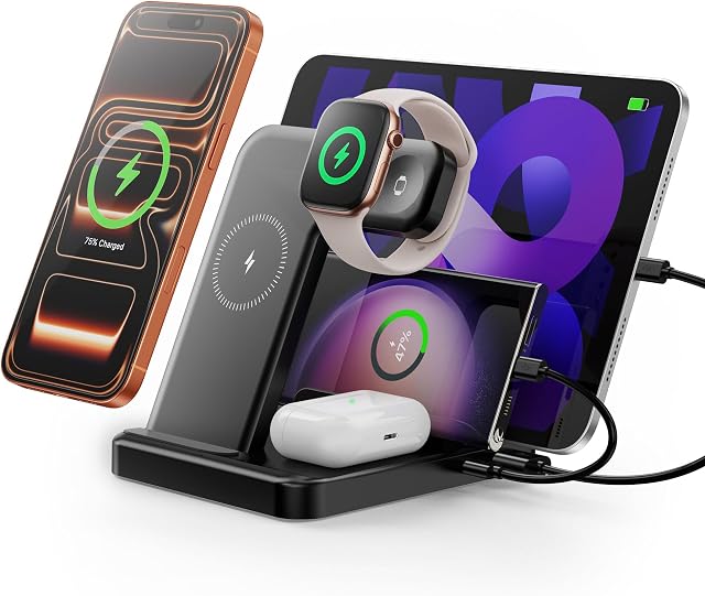 Multiple Devices Charging Station, 5-in-1 Charging Station for iPhone 17 Pro Max/Pro/16/15/14/13/12, iPad Pro/Air/Mini, Apple Watch and Airpods,Wireless Charging Dock(G805, Black)