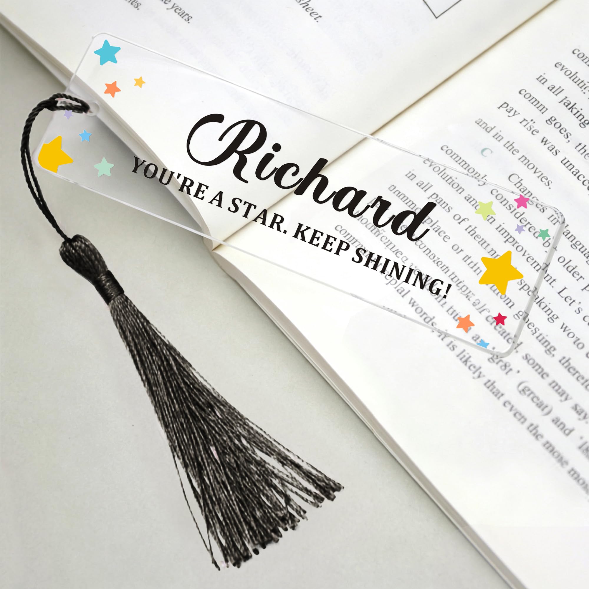 EDSG Personalised Bookmark Acrylic Bookmarks with Tassels, Custom Book Mark with Any Text, Bookmarks for Women Men, Book Lover Gifts for Teacher Student Bookworms Birthday Christmas (Black)