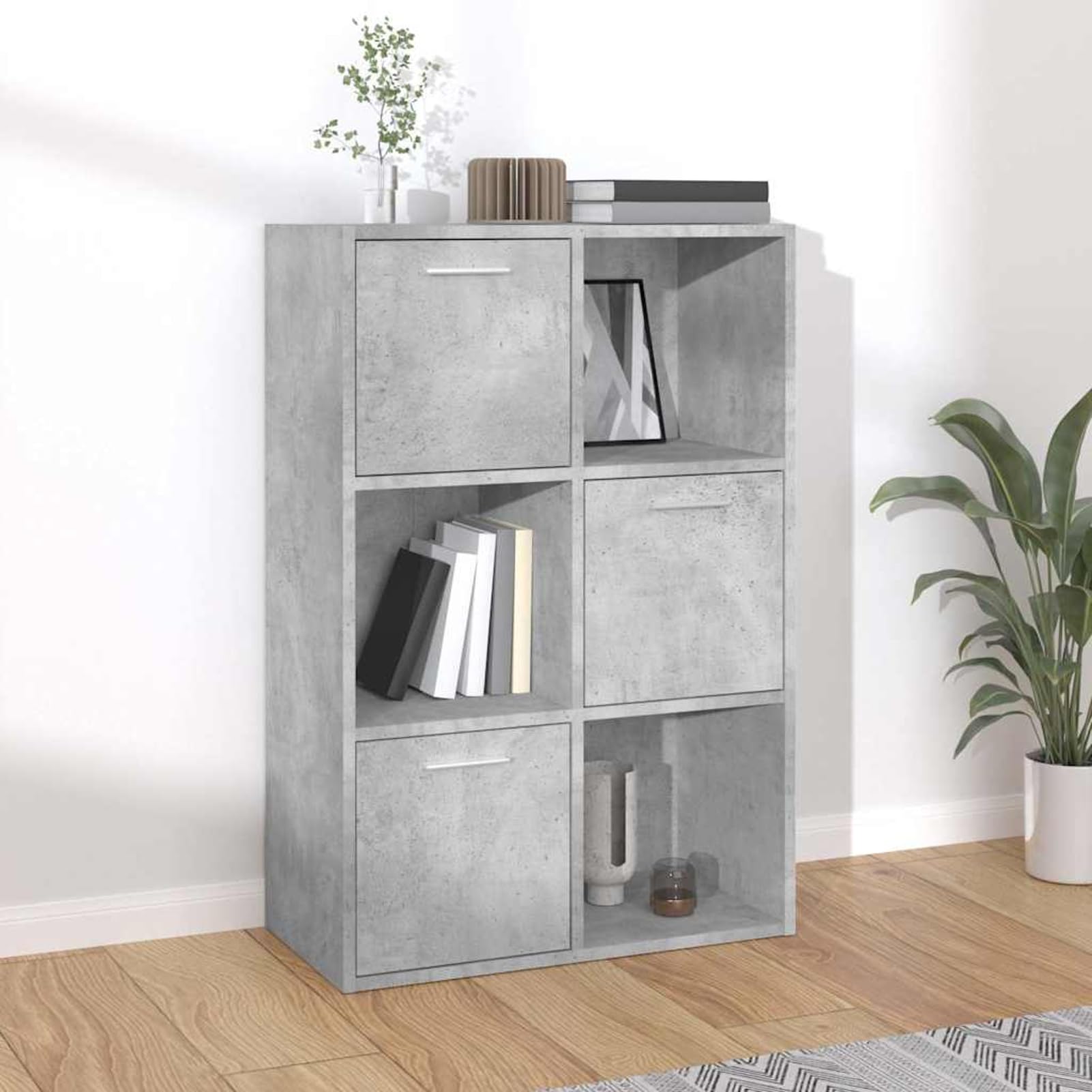 Armadio portaoggetti in legno, 60 x 29,5 x 90 cm, grigio cemento, con 6 scomparti (3 aperti, 3 porte chiuse), per organizzare l'ufficio, il soggiorno e lo studio
