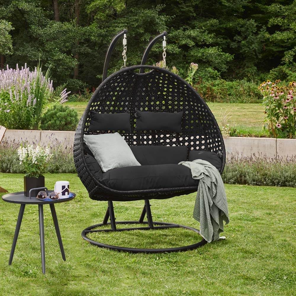 Home Deluxe Polyrattan Hängesessel Kissen Twin - Schwarz 105 x 41 x 45 cm inklusive Sitz-, und Rückenkissen, UV-beständig | Hängestul, Hängesitz