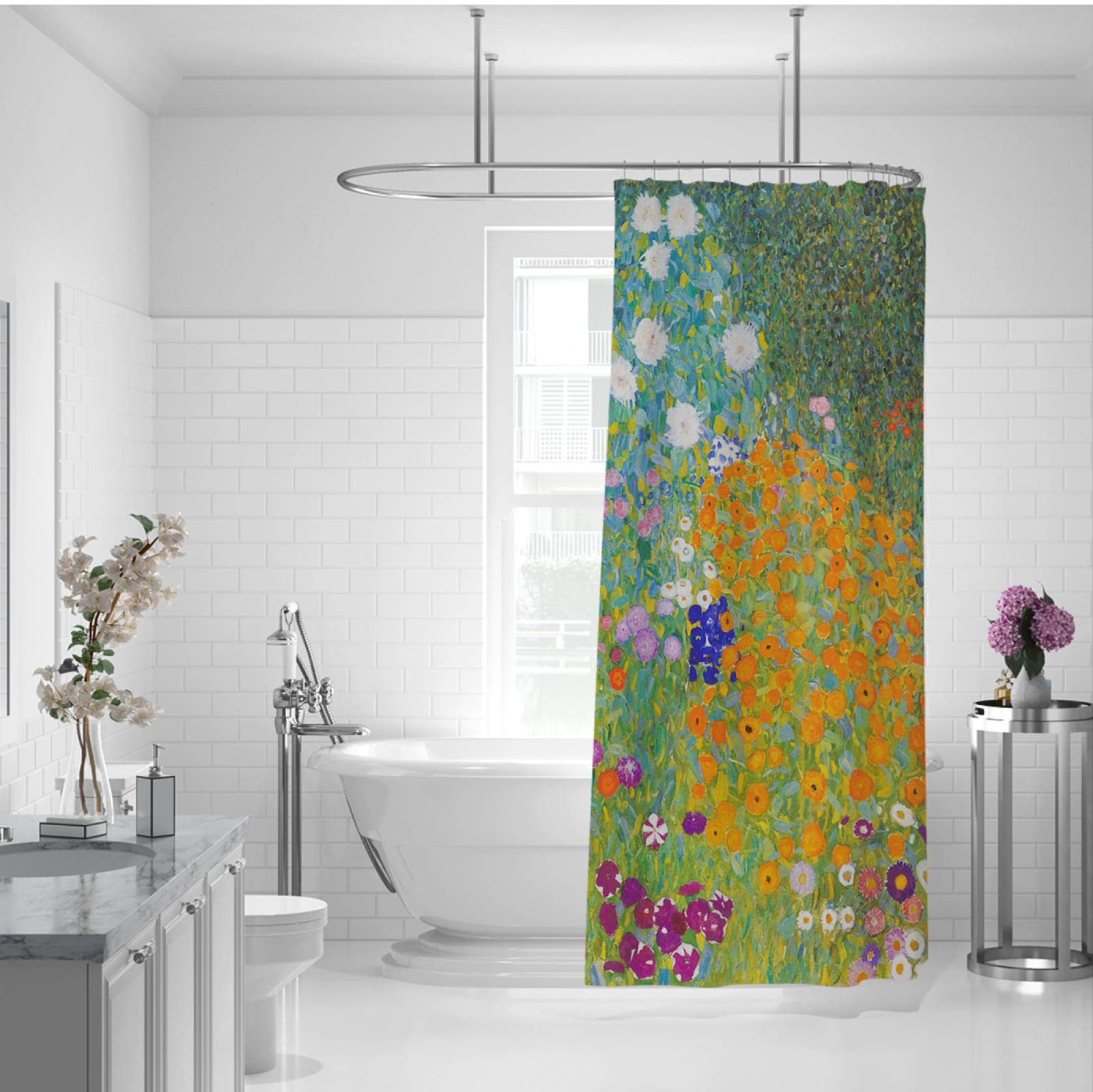 Gustav Klimt Duschvorhang für Badezimmer Innovatives Design Weiß und Orange Blumenstoff Duschvorhänge Modern Luxus Elegant Hotel Stil 150x200cm