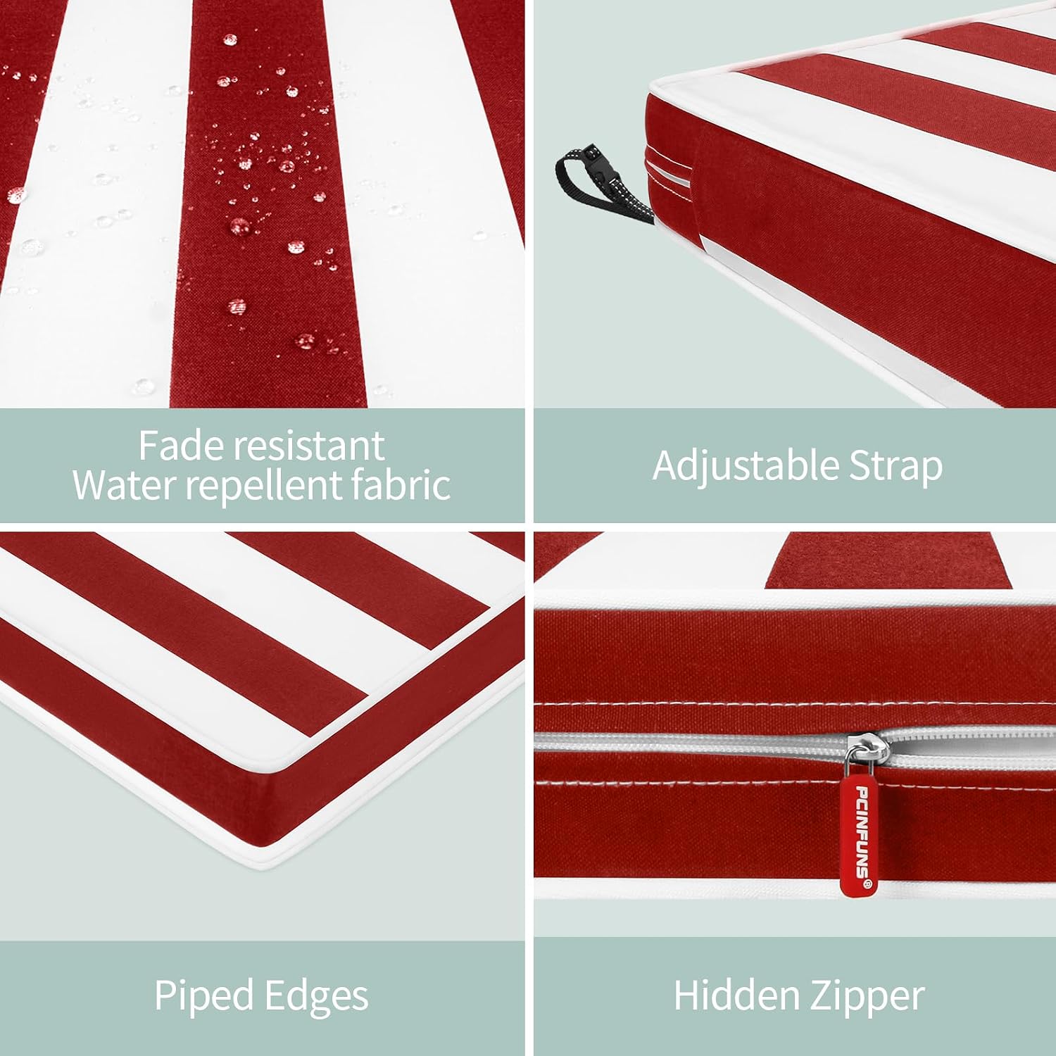 Outdoor Bench Cushion 59 x 18 Inch, Water-Resistant Patio Glider Seat Pad with Adjustable Straps & Portable Handle, UV Resistant for Garden, Porch Swing, Deck Furniture, Red White