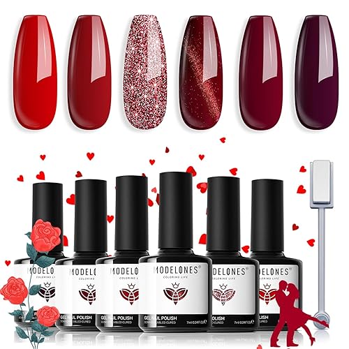 Modelones - Esmaltes en gel de rubí brillante para manicura en casa, 6 tonos rojos populares con brillo, magnéticos, con efecto ojo de gato, rojo
