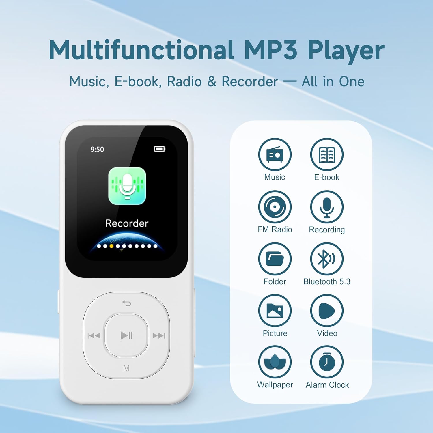 64GB MP3 Player with Bluetooth 5.3, 30 Hrs Playtime, HD Screen Portable Music Player for Sports, Built-in Speaker, FM Radio, Voice Recorder, E-Book, Sleep Timer, Expandable Up to 256GB (White)
