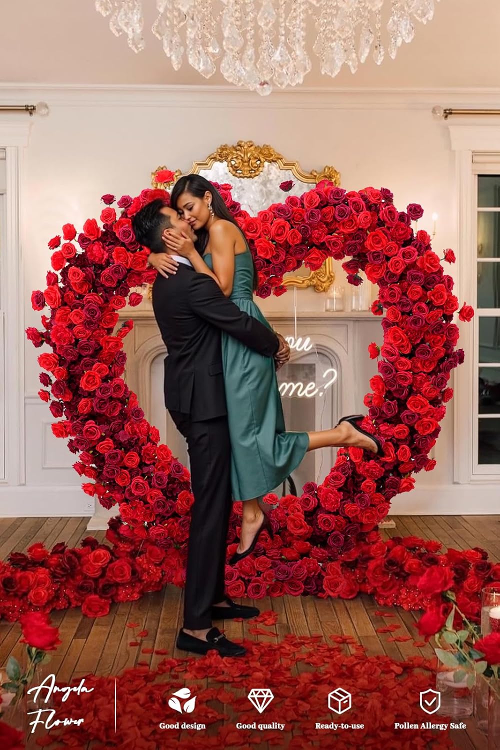 Fabric Cloth Base Dark Red & Red Artificial Flower Arrangement Decorative Heart Shape Wedding Arch Backdrop Marriage Proposal Outdoor Party Event Decoration (Without Stand)