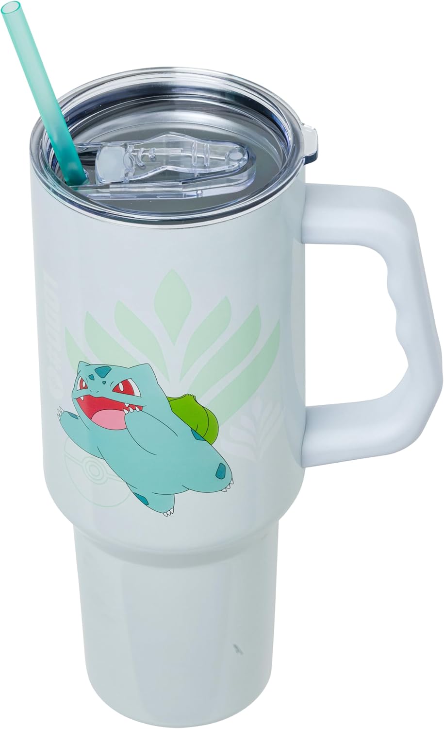 Silver Buffalo Pokémon Stainless Steel Tumbler with Handle Featuring Bulbasaur, Fits in Standard Cup Holder, 40 Ounces