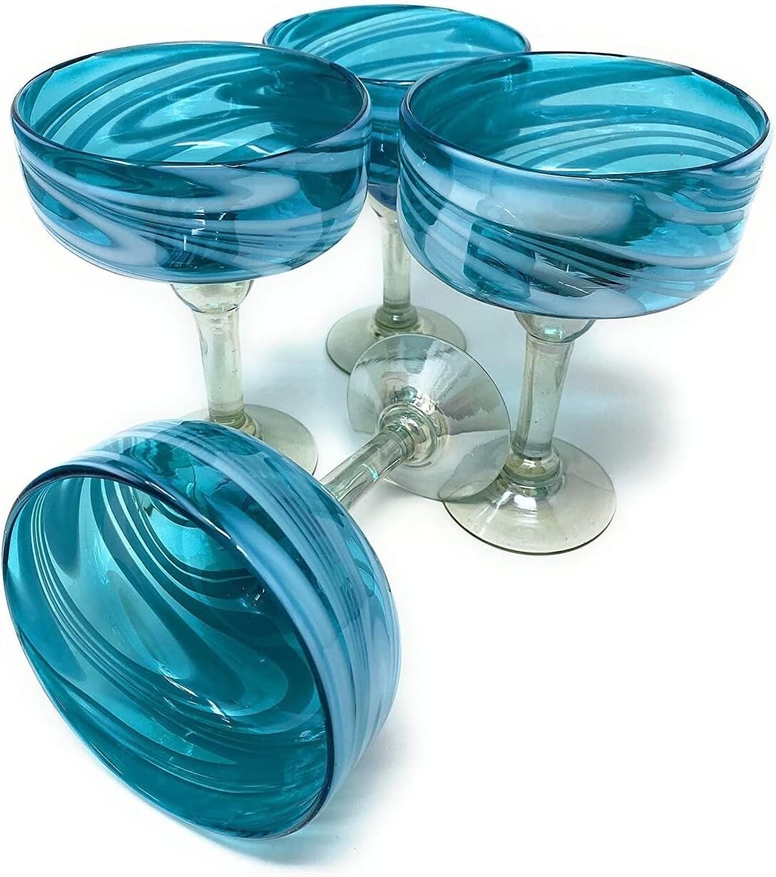 Dos Mexican Hand Blown Glass Set of 4 Glasses Aqua Swirl (16 Oz) Blue