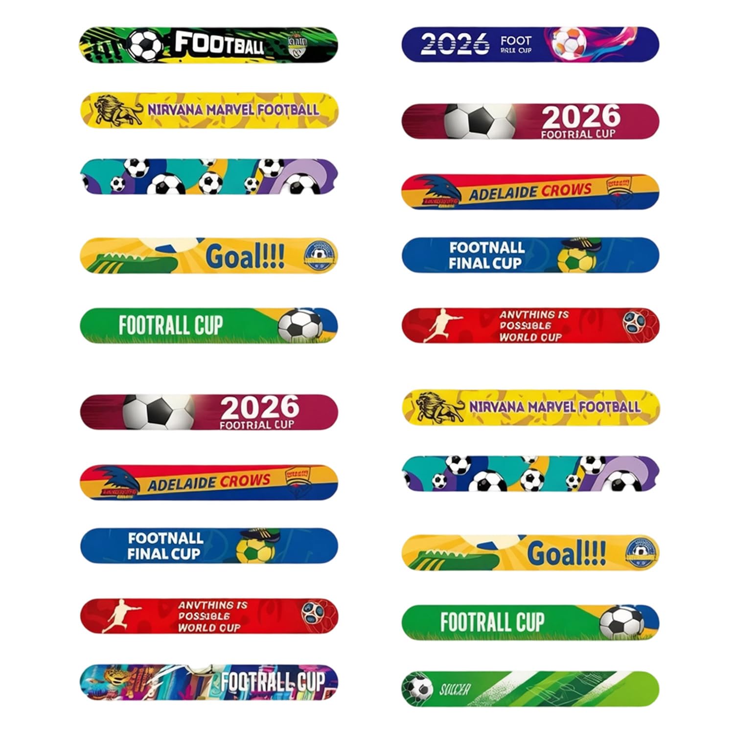 Bracelets Claquants Football pour Enfants, 20 Pièces PVC, 12 Designs Assortis 22x3cm