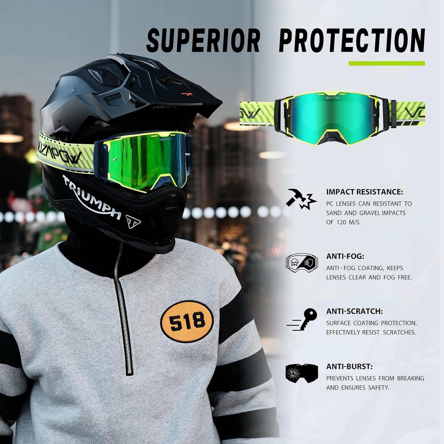 Dirt Bike Goggles Over Glasses Anti-Fog, Motorcycle Protective Eyewear Motocross Goggles for Men Women - Image 2