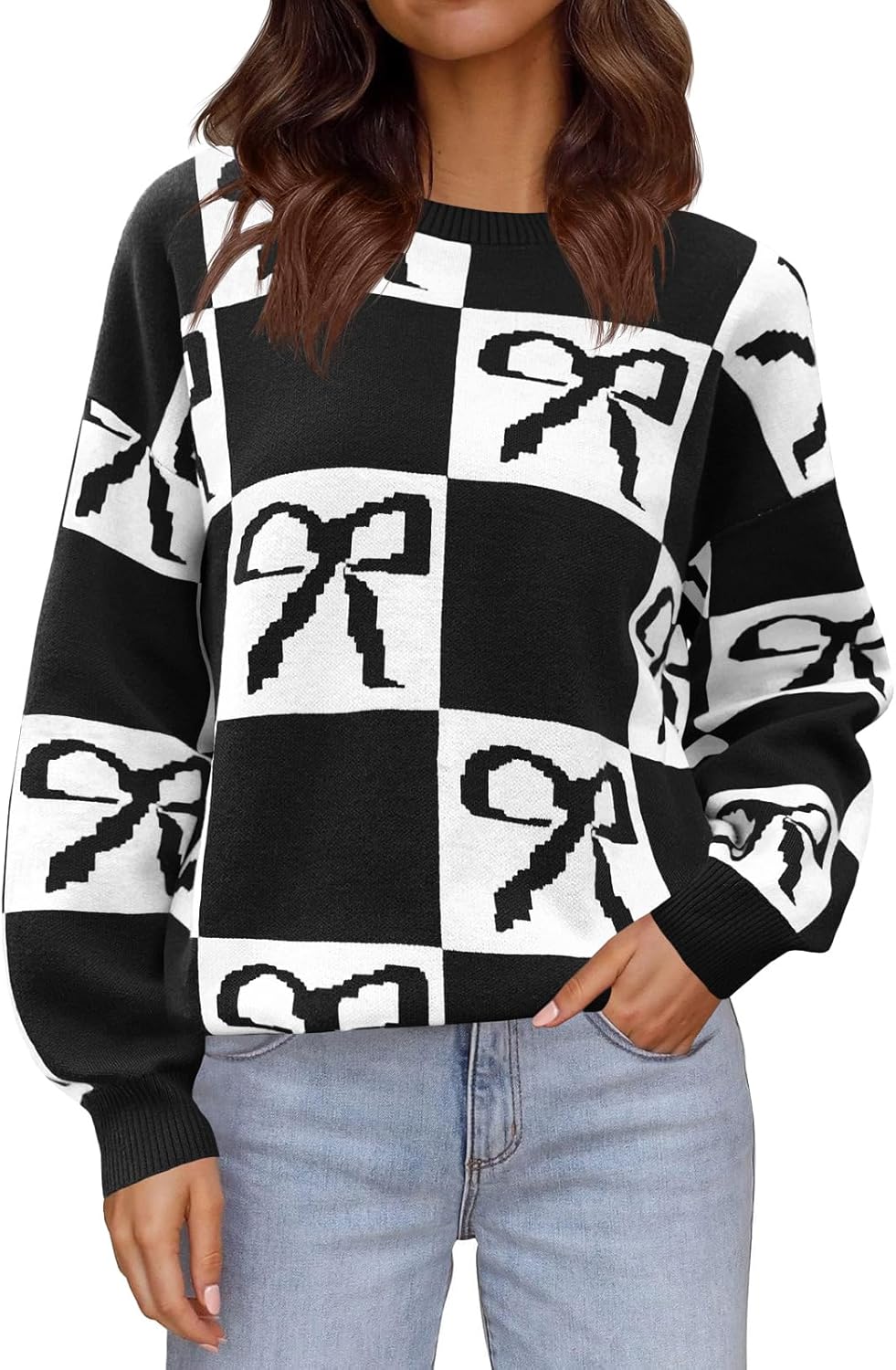 Saodimallsu Womens Color Block Bow Sweater Oversized Crewneck Long Sleeve Knit Warm Pullover Tops