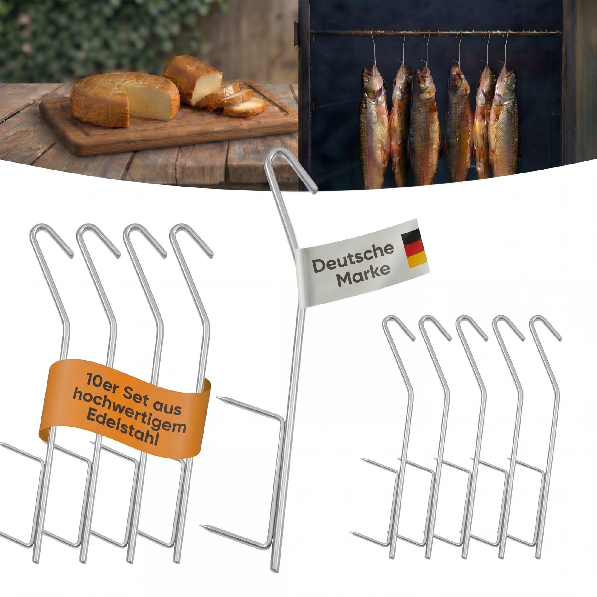10 ganci per affumicatura Deluxe a doppia punta L, 15 cm, in acciaio inox, diametro 5 mm, extra forti