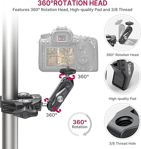 Miniatura 5 de ULANZI Super Clamp - Soporte de abrazadera para cámara monitor de 360°, brazo mágico, adaptador de cabezal de bola doble con rosca de 1/4"-20