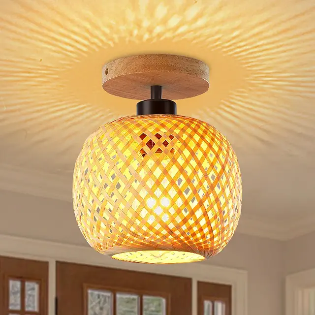 Schindora Bamboo Ceiling Light - Rieten Lampen - Mini Boho Semi-Recessed Farmhouse Lighting
