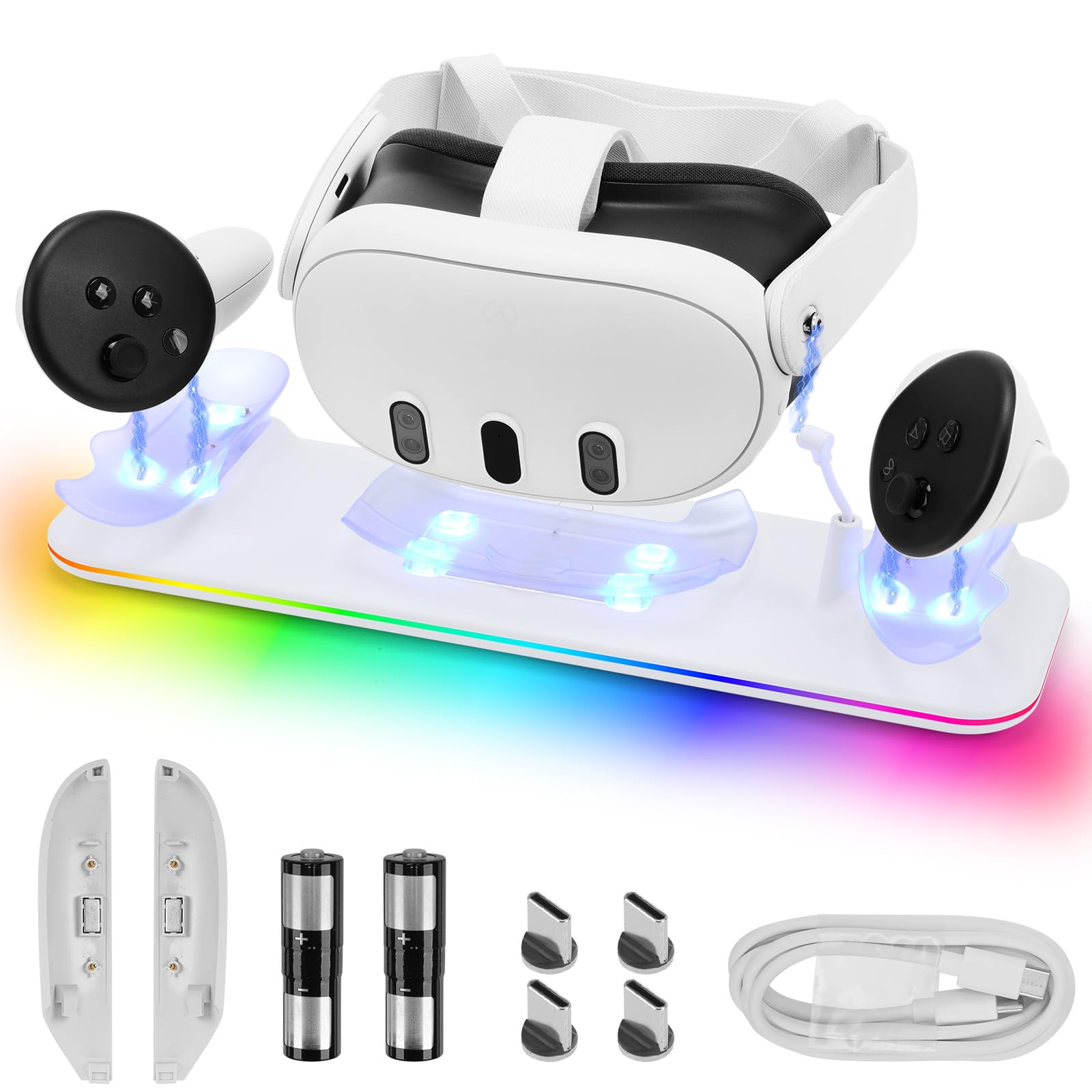 Auniq Charging Dock for Oculus/Meta Quest 3, VR Headset Charging Station with RGB Light Fast Charging Stand for Quest 3 Headset & Controller Quest 3 Charger Display Stand with 2 Rechargeable Batteries