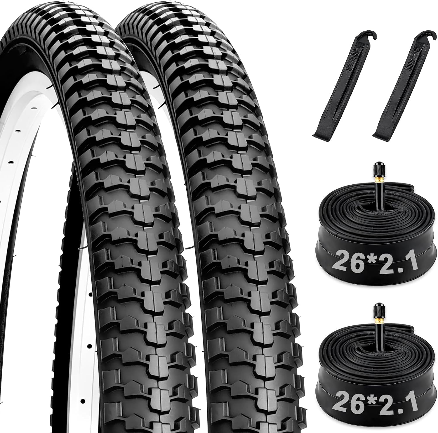 2-PCS 26 inch Mountain Bike Tires Set, 26x2.10 56-559 Folding Beach Cruiser Bike Replacement Tires and Bike Tubes Schrader Valve Compatible with Levers, Puncture-Resistant Off Road Bike Tires