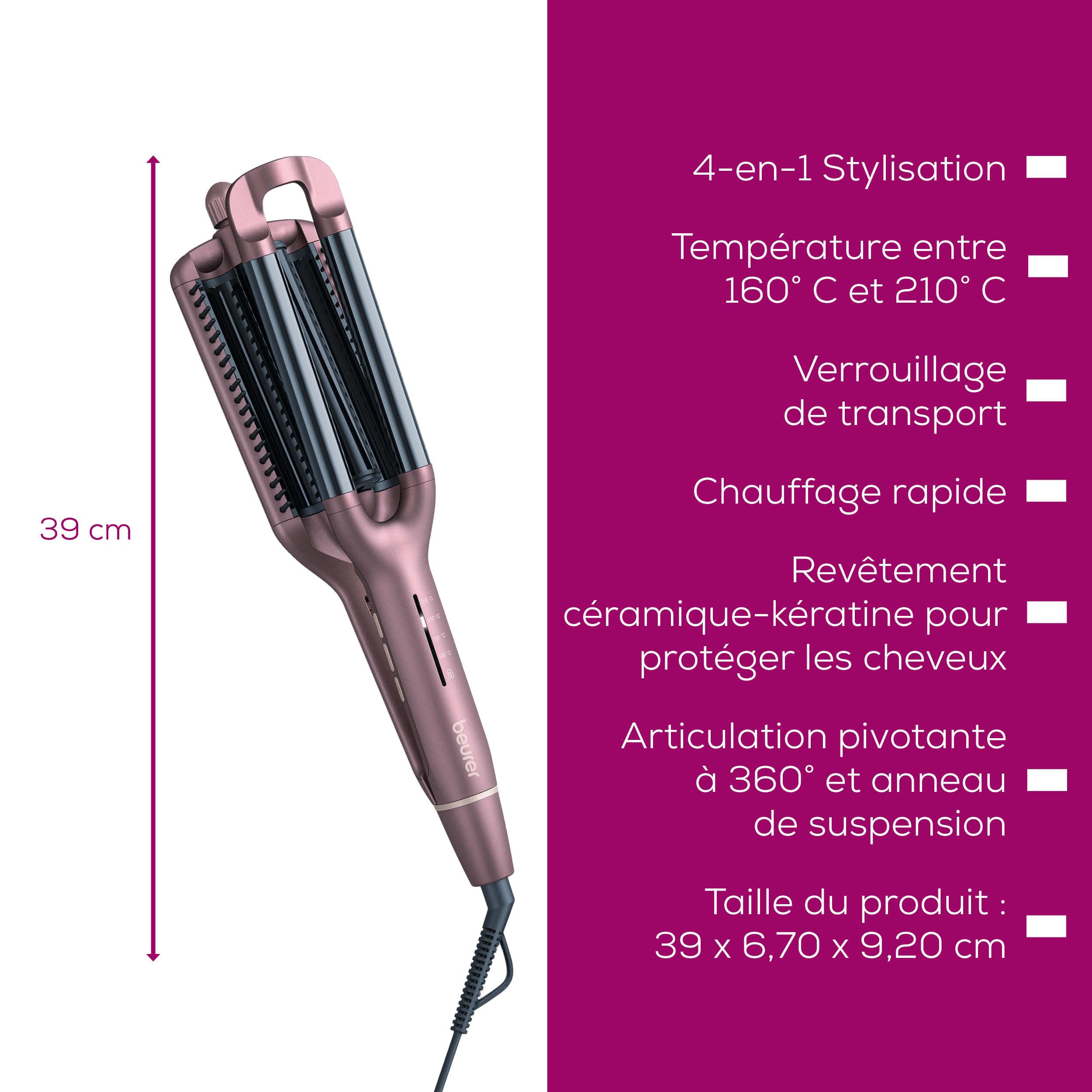 Beurer HT 65 fer à onduler, pour le coiffage de 4 styles d'ondulations différents, niveaux de température de 160-210°C pour chaque type de cheveux, revêtement céramique-kératine, arrêt automatique