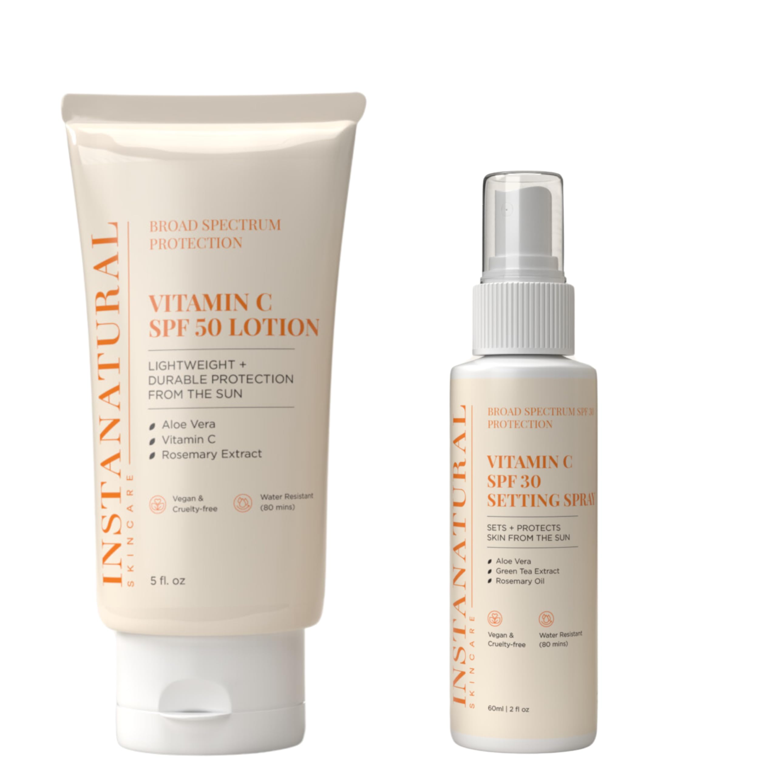 InstaNatural Skin Care Vitamin C SPF 50 Sunscreen Lotion SPF 30 Make Up Setting Spray Bundle Lightweight Non-Greasy